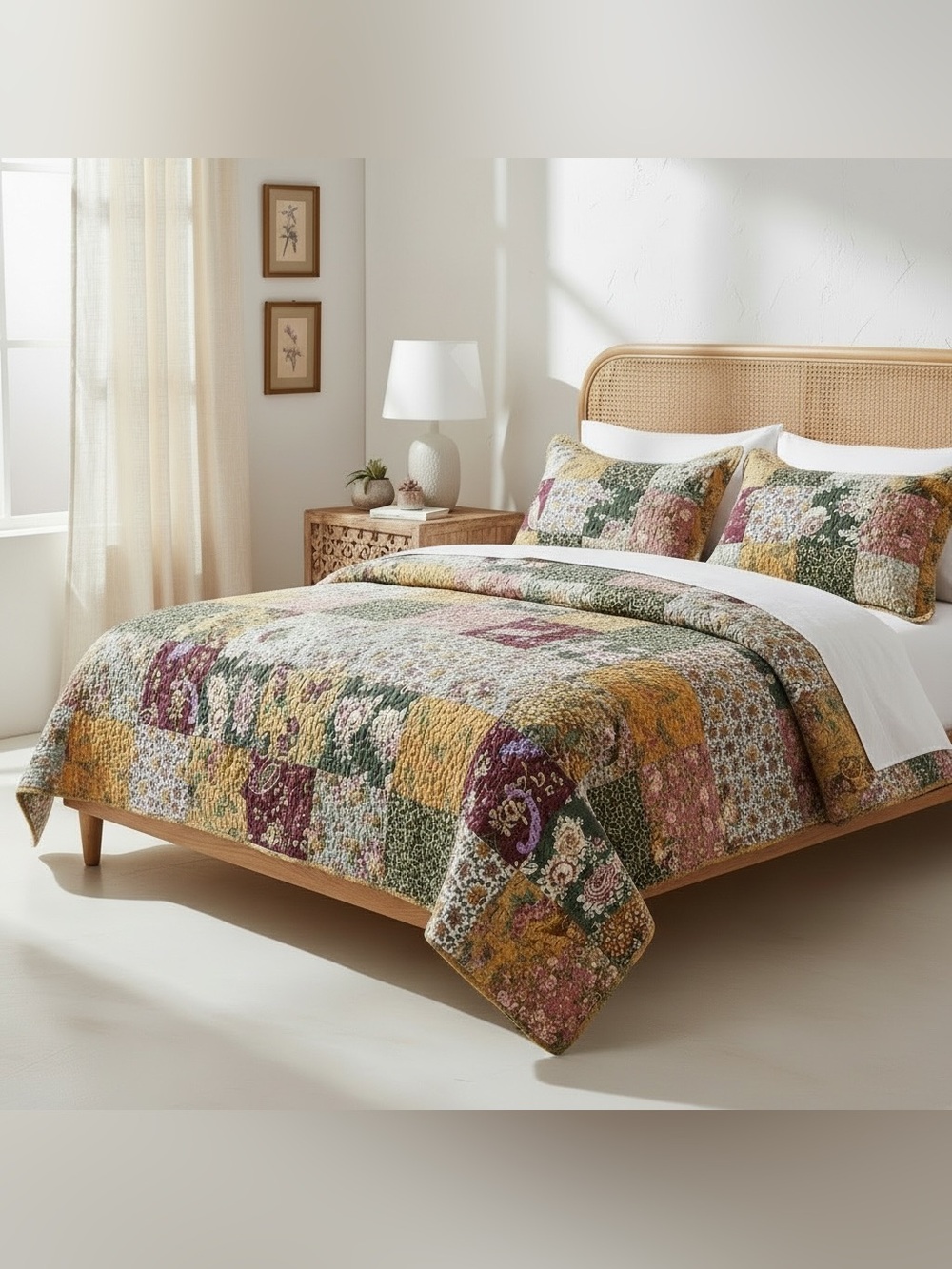 NEW Anthro Cotton Floral Reversible Patchwork Queen King Bedding Quilt Sham Set - Picture 6 of 15
